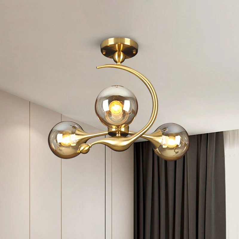 Burst semi-inbouw kroonluchter postmodern amberkleurig glas bol 3/5 koppen messing plafondmontage licht met gebogen arm bo...
