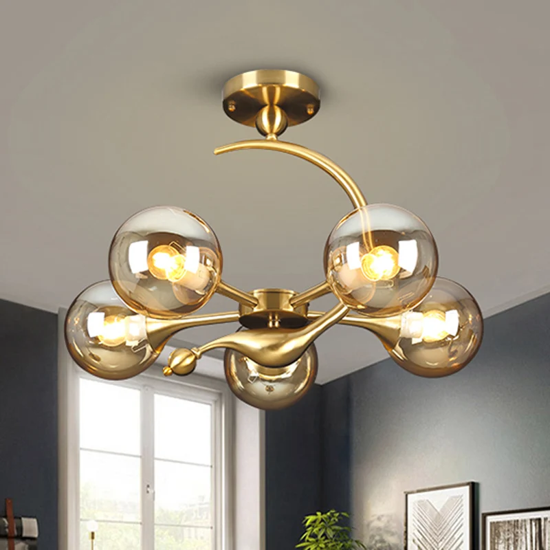Burst semi-inbouw kroonluchter postmodern amberkleurig glas bol 3/5 koppen messing plafondmontage licht met gebogen arm bo...