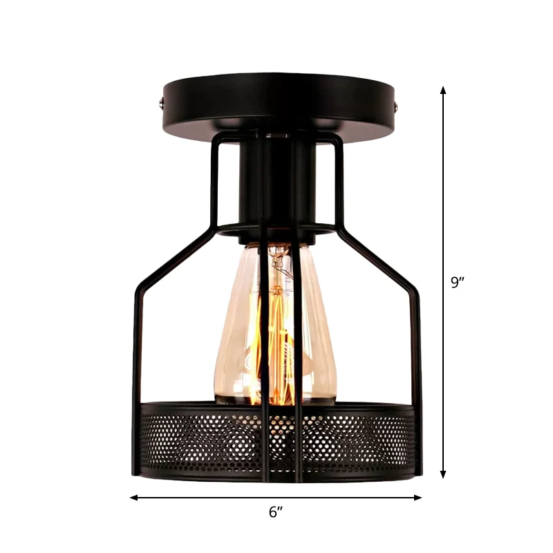 Cage Bistro Semi Inbouwlamp Rustiek Ijzer 1 Lamp Zwart Plafondlamp met Mesh Detail Clearhalo