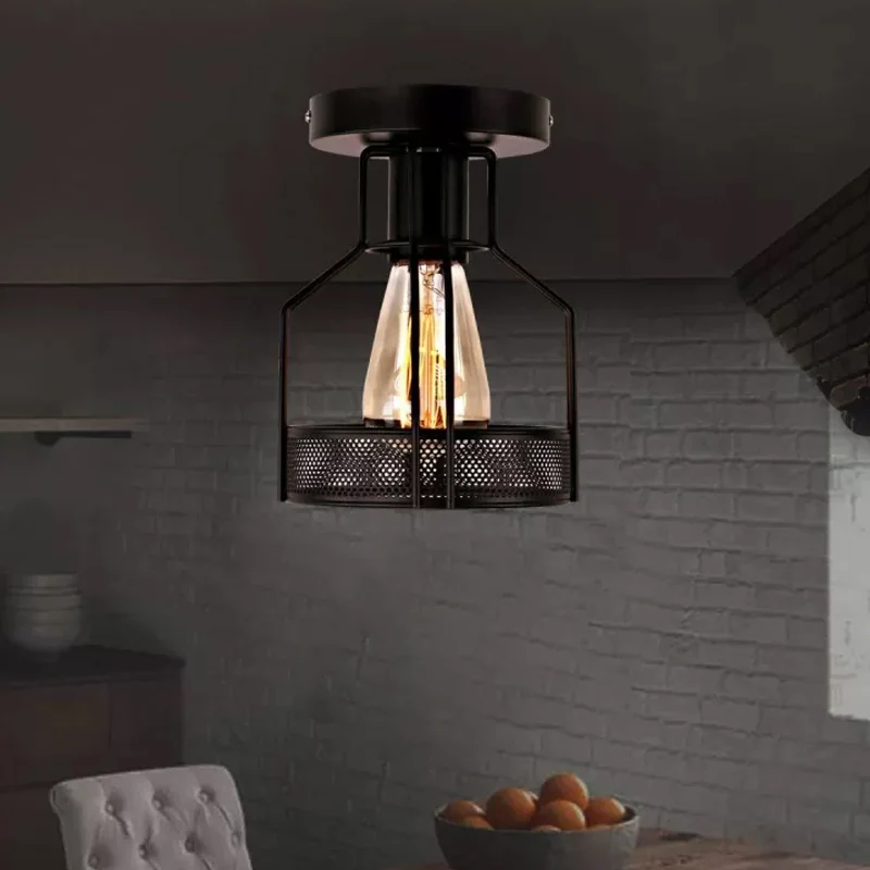 Cage Bistro Semi Inbouwlamp Rustiek Ijzer 1 Lamp Zwart Plafondlamp met Mesh Detail Clearhalo