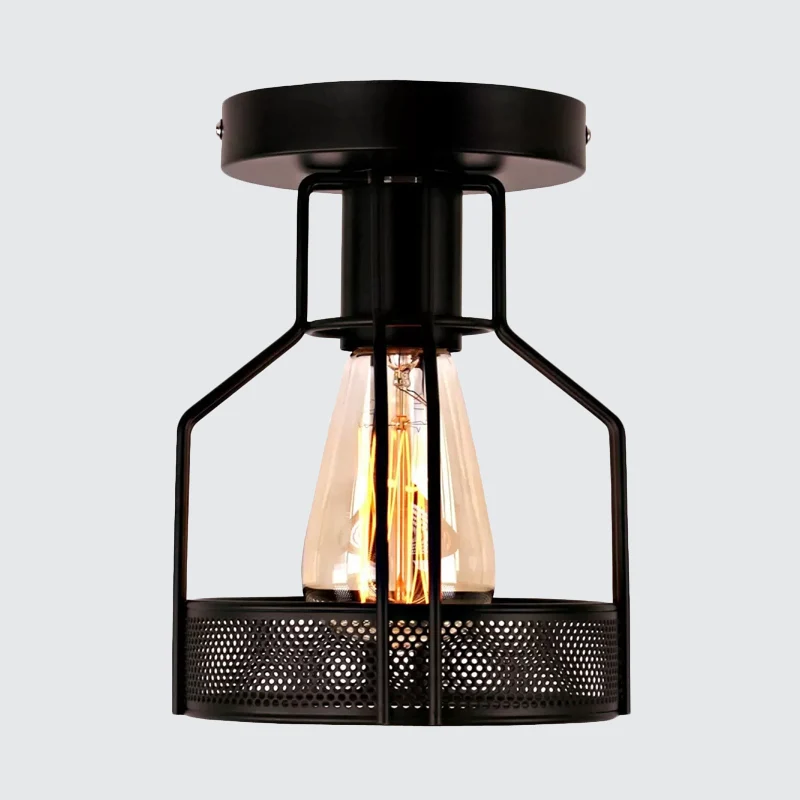 Cage Bistro Semi Inbouwlamp Rustiek Ijzer 1 Lamp Zwart Plafondlamp met Mesh Detail Clearhalo