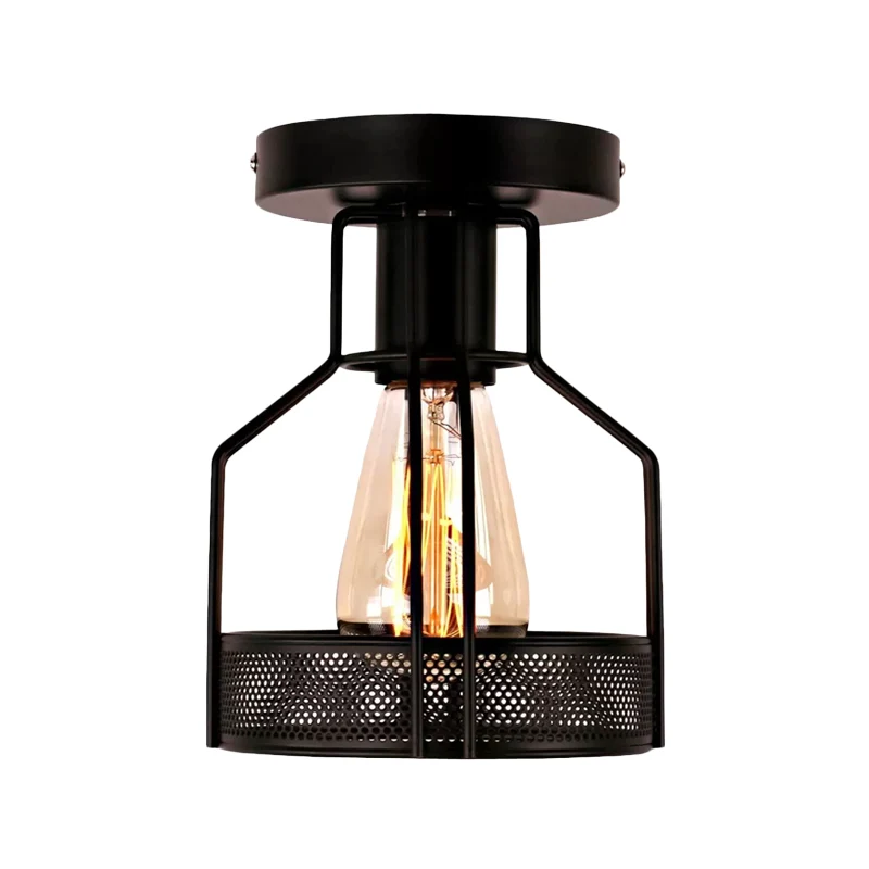 Cage Bistro Semi Inbouwlamp Rustiek Ijzer 1 Lamp Zwart Plafondlamp met Mesh Detail Clearhalo