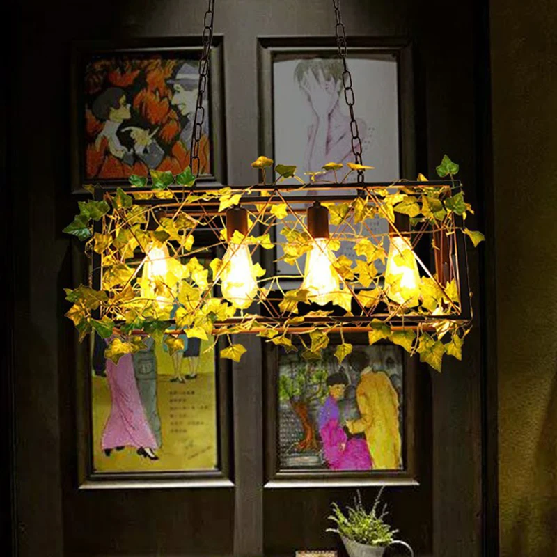 Cage Metal Island hanglamp industriële eetkamer hanglamp met imitatieblad groen Clearhalo