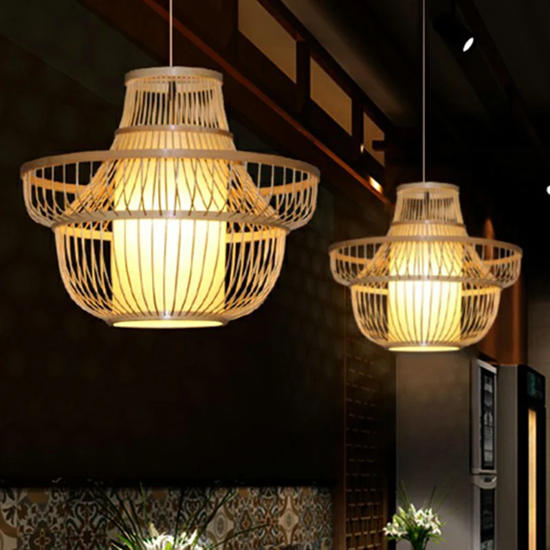 Cage Shade Suspension Lighting Modern Bamboo 1-lamps houten hanglamp voor balkon Clearhalo