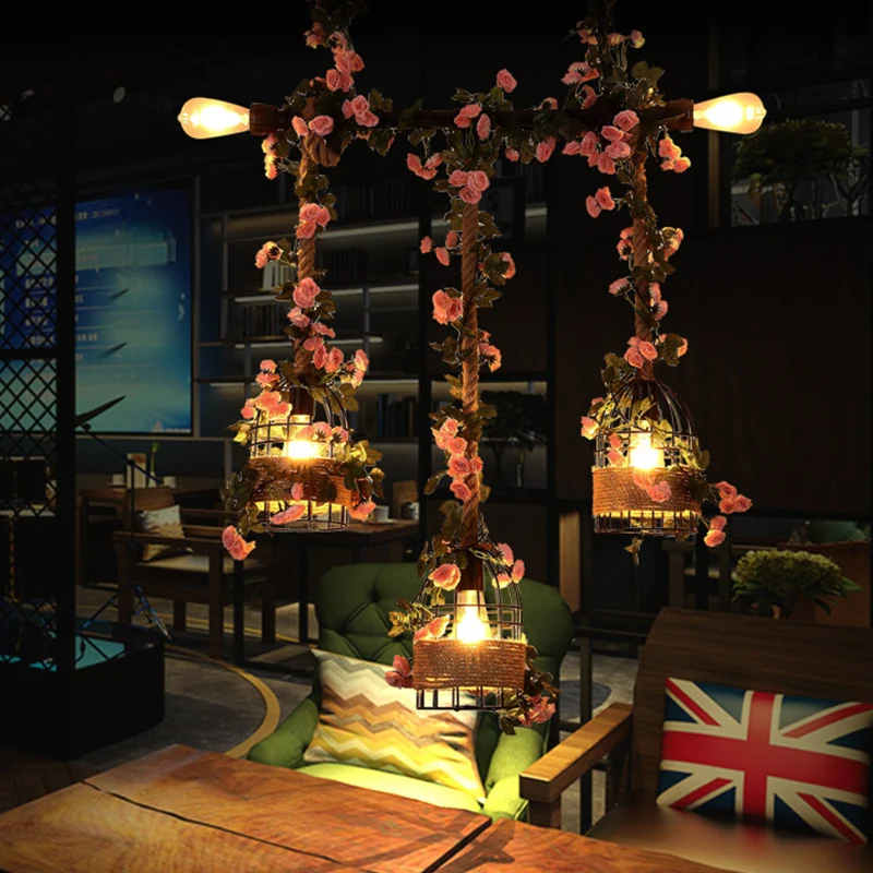 Caged Restaurant Island-plafondlamp Retro Metaal 3-kops zwarte druppellamp met bloemdecor Clearhalo