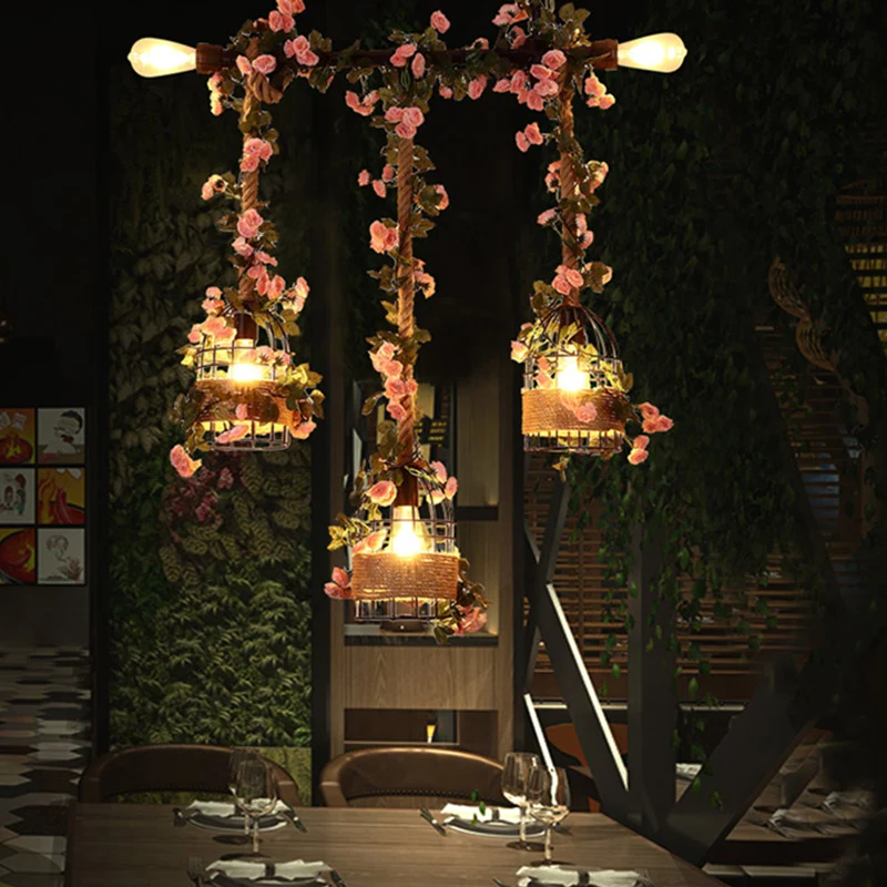 Caged Restaurant Island-plafondlamp Retro Metaal 3-kops zwarte druppellamp met bloemdecor Clearhalo