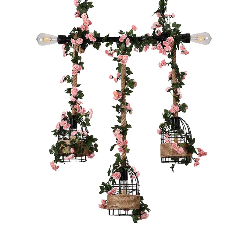Caged Restaurant Island-plafondlamp Retro Metaal 3-kops zwarte druppellamp met bloemdecor Clearhalo