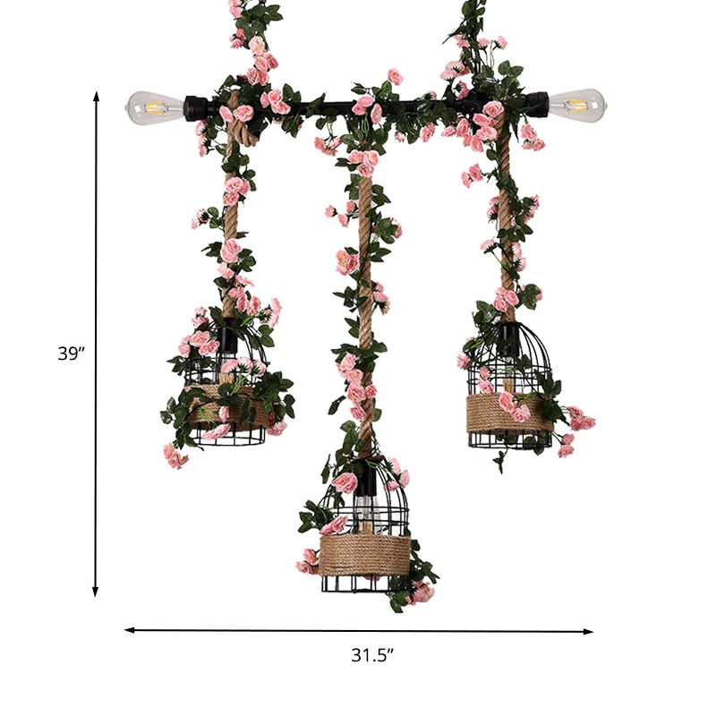 Caged Restaurant Island-plafondlamp Retro Metaal 3-kops zwarte druppellamp met bloemdecor Clearhalo