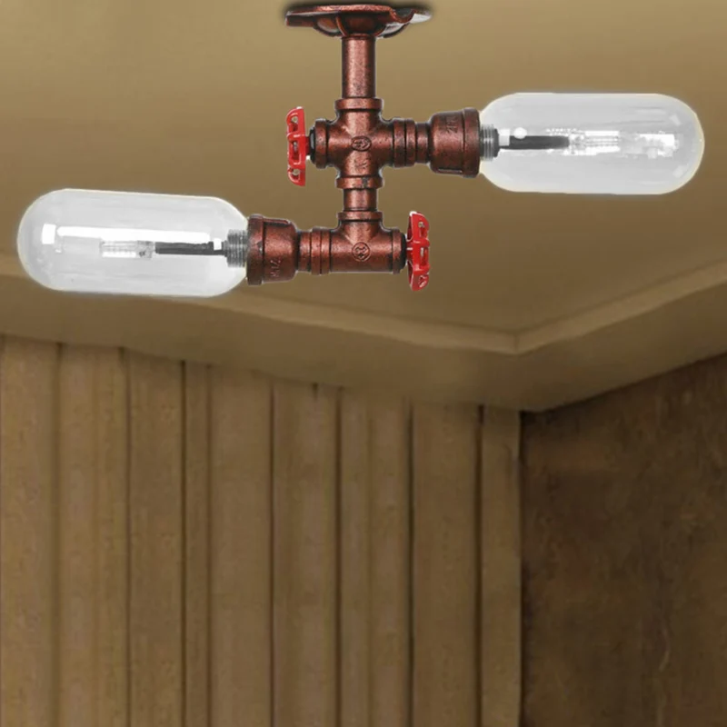 Capsule Shade Woonkamer Semi-inbouwlamp Vintage helder glas 2-lichts verweerd koperen plafondverlichting met pijpontwerp C...