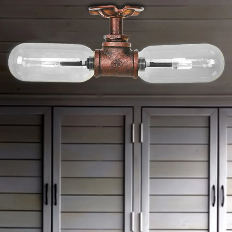 Capsule Shade Woonkamer Semi-inbouwlamp Vintage helder glas 2-lichts verweerd koperen plafondverlichting met pijpontwerp C...