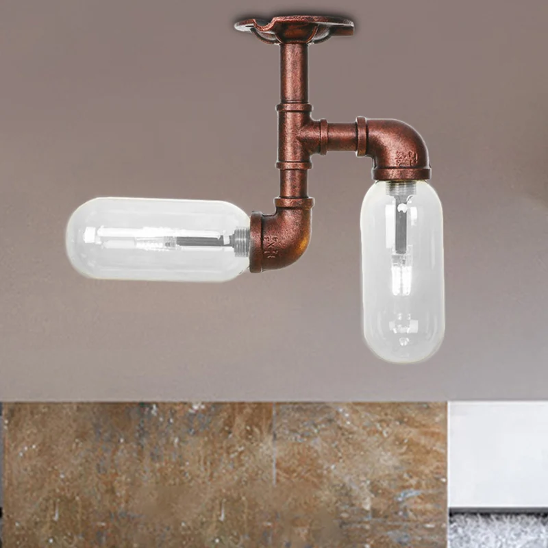 Capsule Shade Woonkamer Semi-inbouwlamp Vintage helder glas 2-lichts verweerd koperen plafondverlichting met pijpontwerp C...