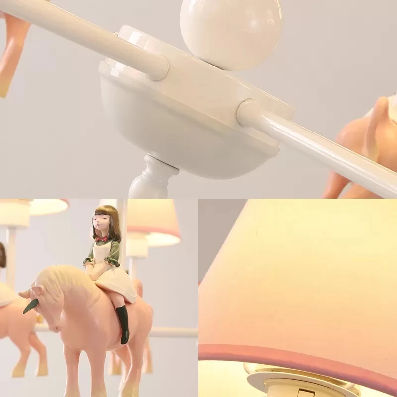 Carrousel kroonluchter voor meisjesslaapkamer Metaal en hars Kinderroze hanglamp met stoffen kap Clearhalo