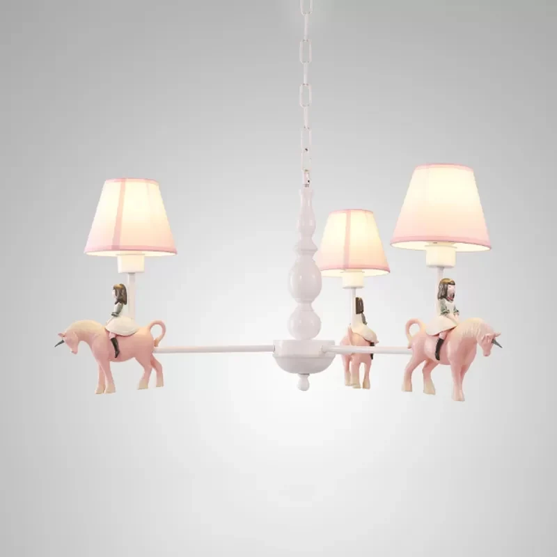 Carrousel kroonluchter voor meisjesslaapkamer Metaal en hars Kinderroze hanglamp met stoffen kap Clearhalo