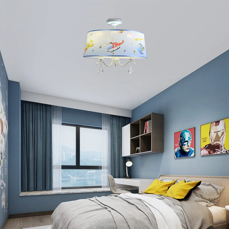 Cartoon blauwe hanglamp met kristallen vliegtuig kroonluchter van metaal en stof voor babykamer Clearhalo