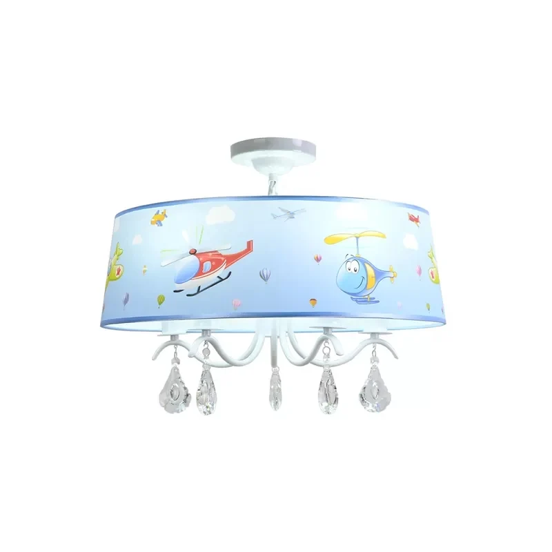 Cartoon blauwe hanglamp met kristallen vliegtuig kroonluchter van metaal en stof voor babykamer Clearhalo
