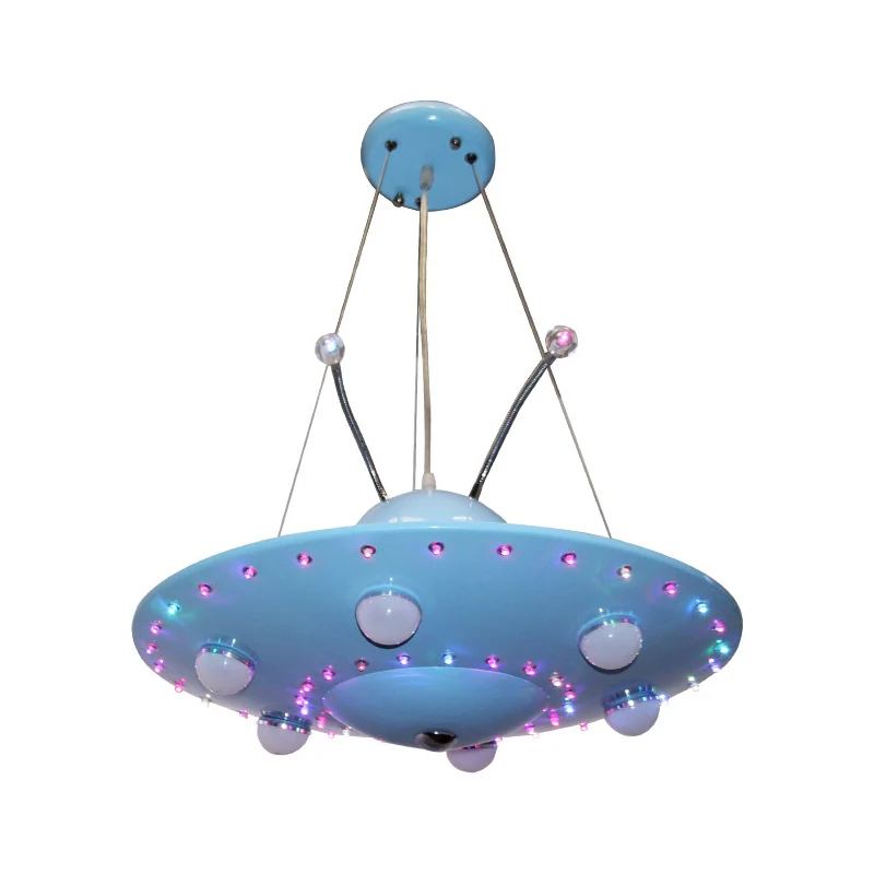 Cartoon blauwe UFO kroonluchter verlichting metaal geïntegreerde led slaapkamer hanglamp voor jongen Clearhalo