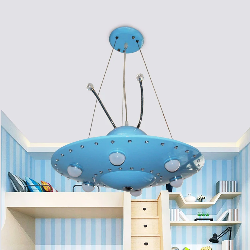 Cartoon blauwe UFO kroonluchter verlichting metaal geïntegreerde led slaapkamer hanglamp voor jongen Clearhalo