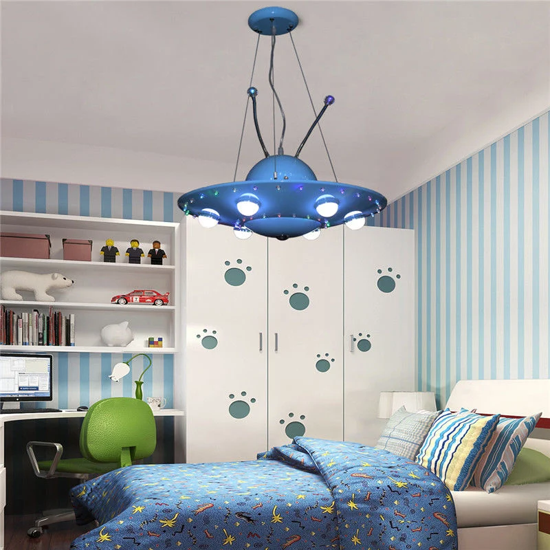 Cartoon blauwe UFO kroonluchter verlichting metaal geïntegreerde led slaapkamer hanglamp voor jongen Clearhalo