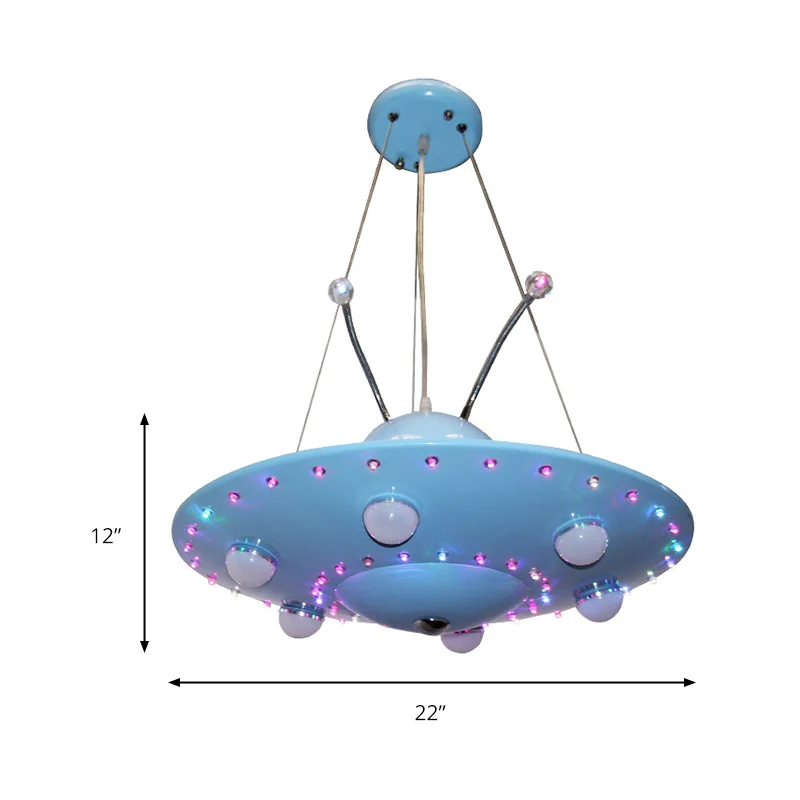 Cartoon blauwe UFO kroonluchter verlichting metaal geïntegreerde led slaapkamer hanglamp voor jongen Clearhalo