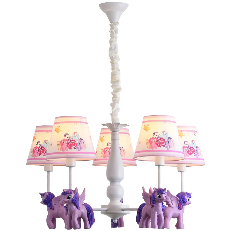 Cartoon conische hangende plafondlamp metaal 5 lampen kroonluchterlamp met eenhoorn deco paars voor kinderslaapkamer Clear...