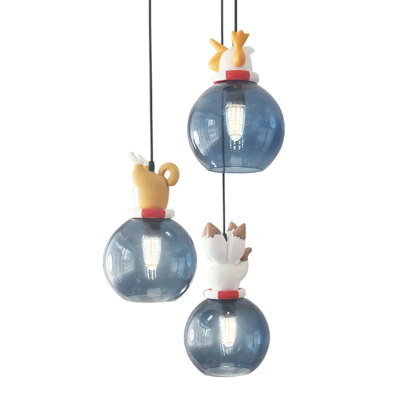 Cartoon Dieren Hars Multi Hanglamp Kinderen 3 Hoofden Blauw Hangend Plafondlamp voor Slaapkamer Clearhalo