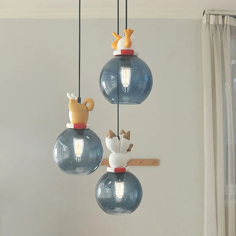 Cartoon Dieren Hars Multi Hanglamp Kinderen 3 Hoofden Blauw Hangend Plafondlamp voor Slaapkamer Clearhalo