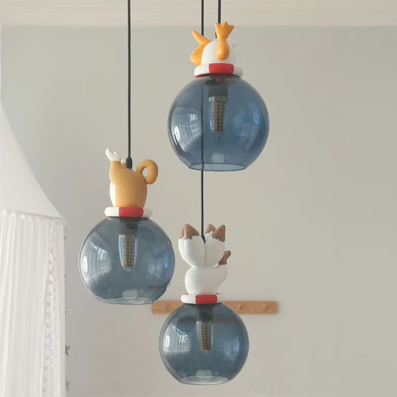 Cartoon Dieren Hars Multi Hanglamp Kinderen 3 Hoofden Blauw Hangend Plafondlamp voor Slaapkamer Clearhalo