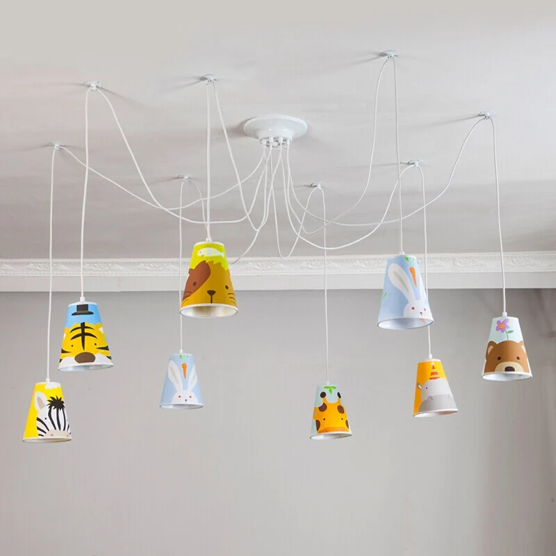 Cartoon emmer hanglamp met dier 8-lichts stoffen hanglamp voor de kleuterschool Clearhalo