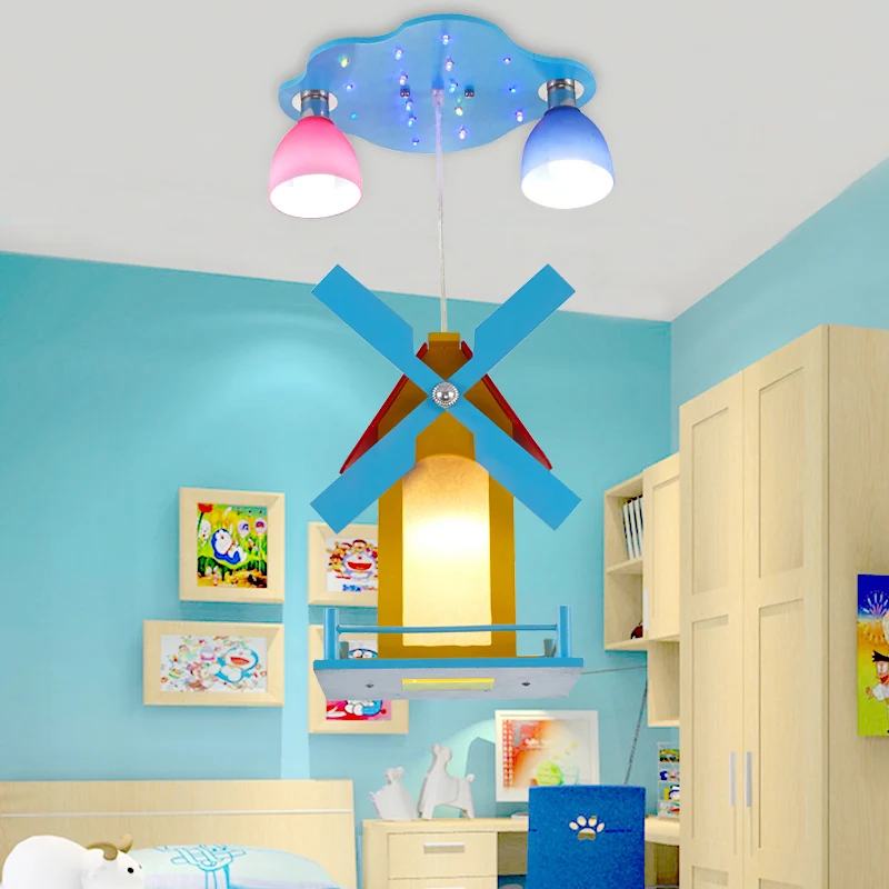 Cartoon House-plafondlamp met windmolen Metaal 3-lichts Blauw semi-inbouwlicht voor winkel Clearhalo