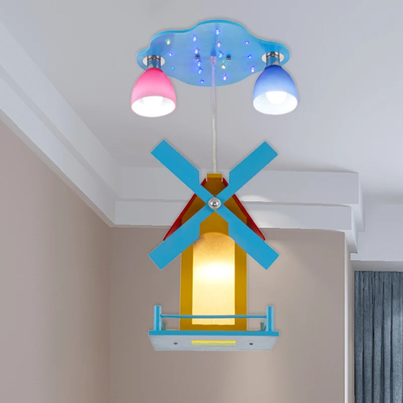 Cartoon House-plafondlamp met windmolen Metaal 3-lichts Blauw semi-inbouwlicht voor winkel Clearhalo