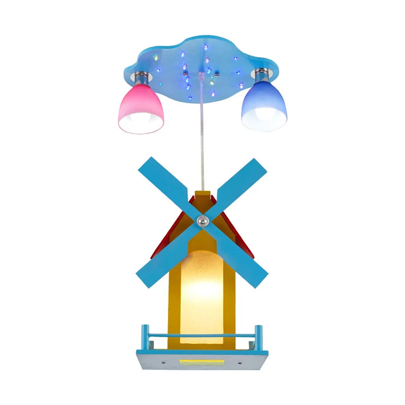Cartoon House-plafondlamp met windmolen Metaal 3-lichts Blauw semi-inbouwlicht voor winkel Clearhalo