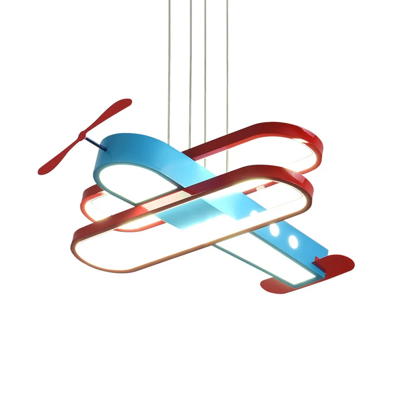 Cartoon LED kroonluchter hanglamp met acryl kap rood en blauw 18"/23,5" W vliegtuig hanglamp, warm/wit licht Clearhalo