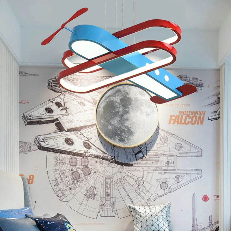 Cartoon LED kroonluchter hanglamp met acryl kap rood en blauw 18"/23,5" W vliegtuig hanglamp, warm/wit licht Clearhalo
