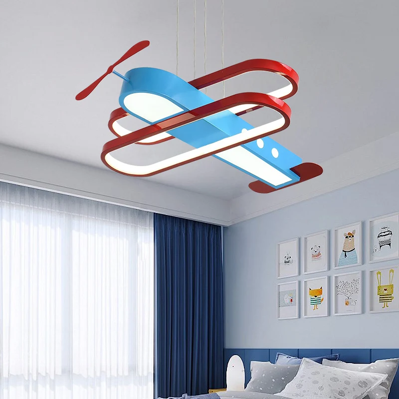 Cartoon LED kroonluchter hanglamp met acryl kap rood en blauw 18"/23,5" W vliegtuig hanglamp, warm/wit licht Clearhalo
