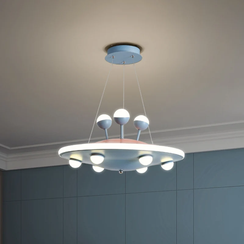 Cartoon UFO plafondkroonluchter metalen LED kinderkamer hanglamp met ronde luifel roze/blauw Clearhalo