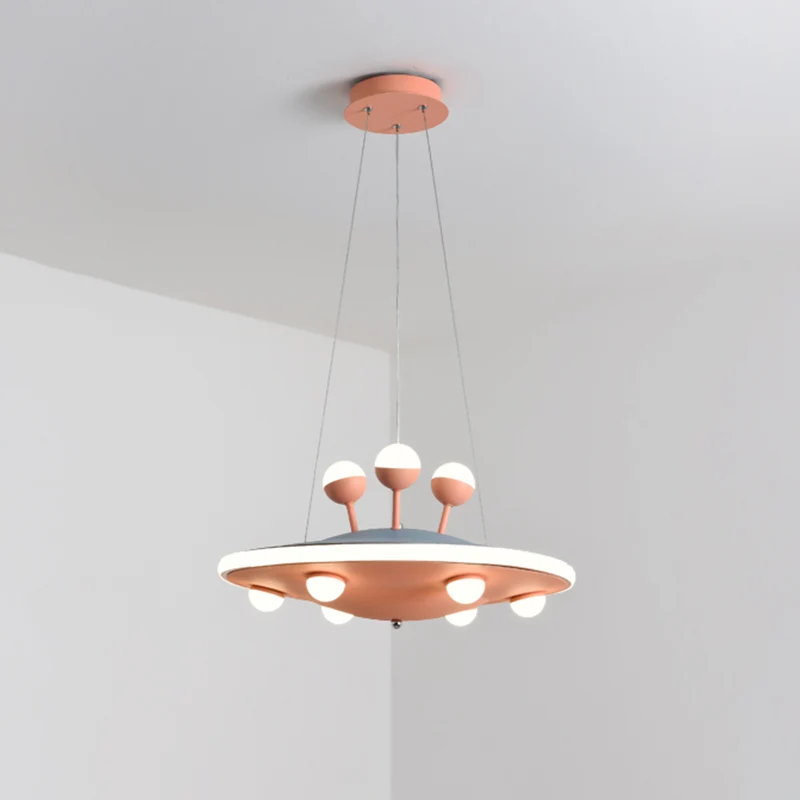 Cartoon UFO plafondkroonluchter metalen LED kinderkamer hanglamp met ronde luifel roze/blauw Clearhalo