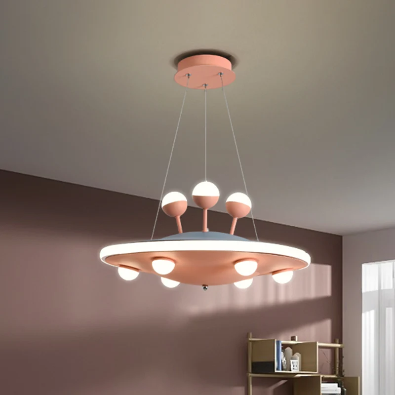 Cartoon UFO plafondkroonluchter metalen LED kinderkamer hanglamp met ronde luifel roze/blauw Clearhalo