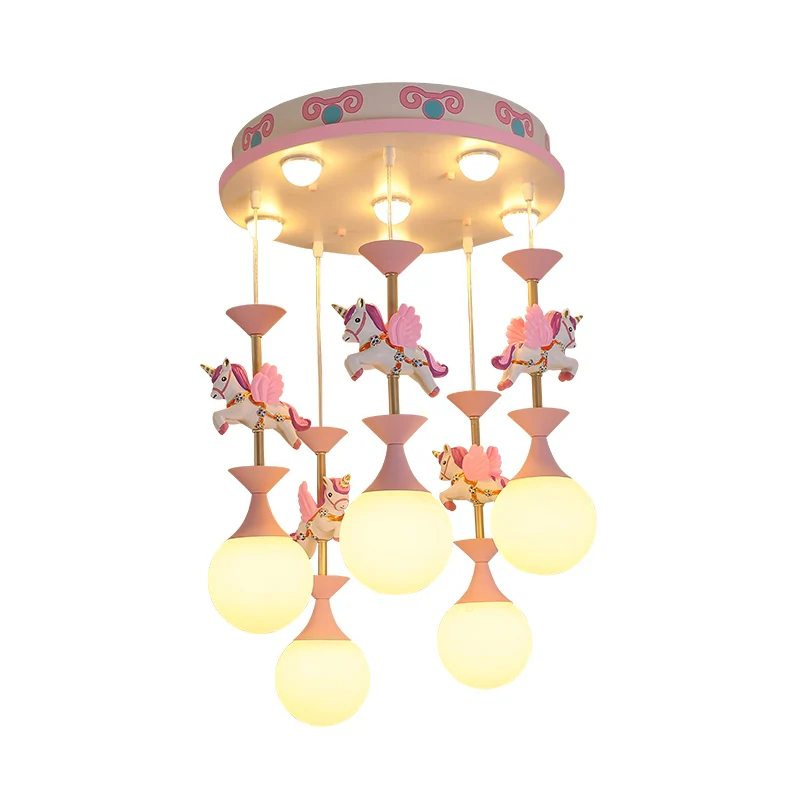 Cartoon vliegende eenhoorn multi-licht hanger hars kleuterschool hangende verlichting met bol crèmekleurige glazen kap Cle...