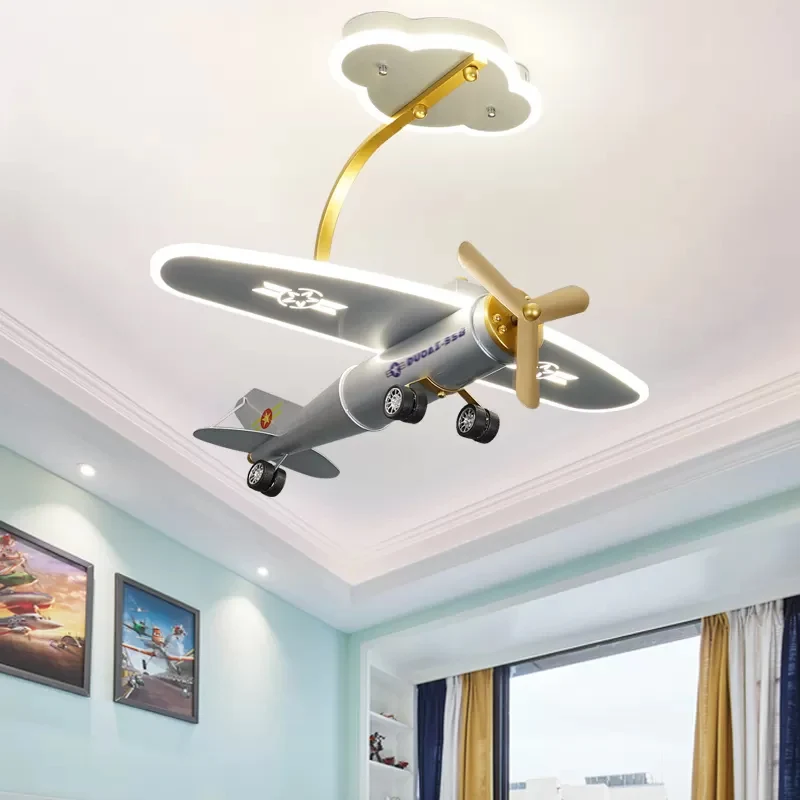 Cartoon vliegtuig semi-inbouwlicht metalen kinderkamer LED-inbouwmontage met wolkvormige luifel zilver Clearhalo