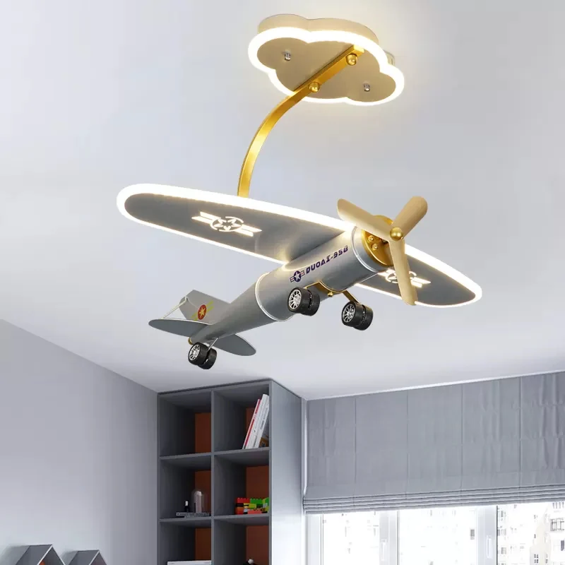 Cartoon vliegtuig semi-inbouwlicht metalen kinderkamer LED-inbouwmontage met wolkvormige luifel zilver Clearhalo