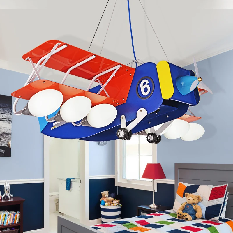 Cartoon Wright Flyer kroonluchter metallic 6 lampen kinderkamer plafond hanglamp blauw-rood Clearhalo