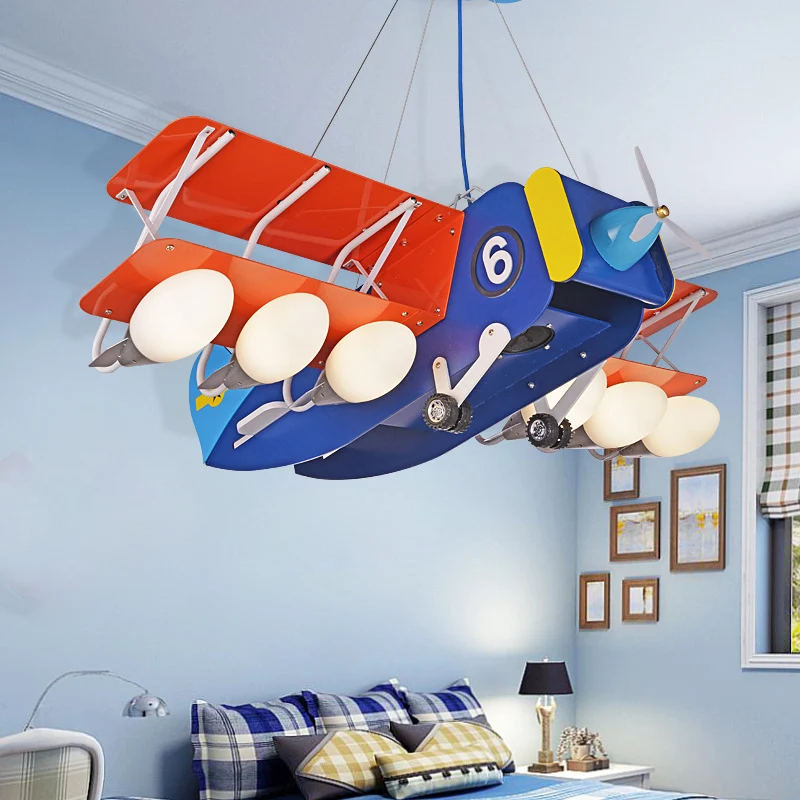 Cartoon Wright Flyer kroonluchter metallic 6 lampen kinderkamer plafond hanglamp blauw-rood Clearhalo
