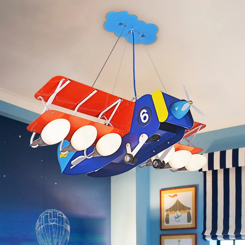Cartoon Wright Flyer kroonluchter metallic 6 lampen kinderkamer plafond hanglamp blauw-rood Clearhalo