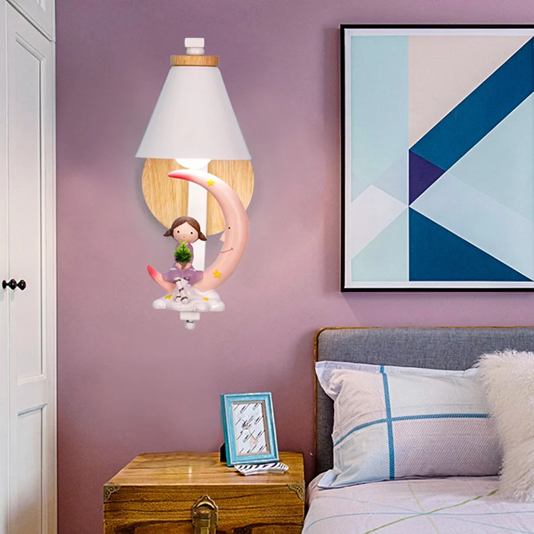 Child & Moon wandlamp met Coolie Shade 1 licht cartoon hars wandkandelaar voor verpleegkamer Clearhalo