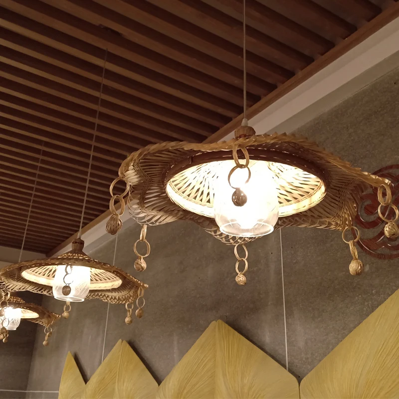 Chinese 1 Head Down Lighting kaki brede flare hanglamp met bamboe kap Clearhalo