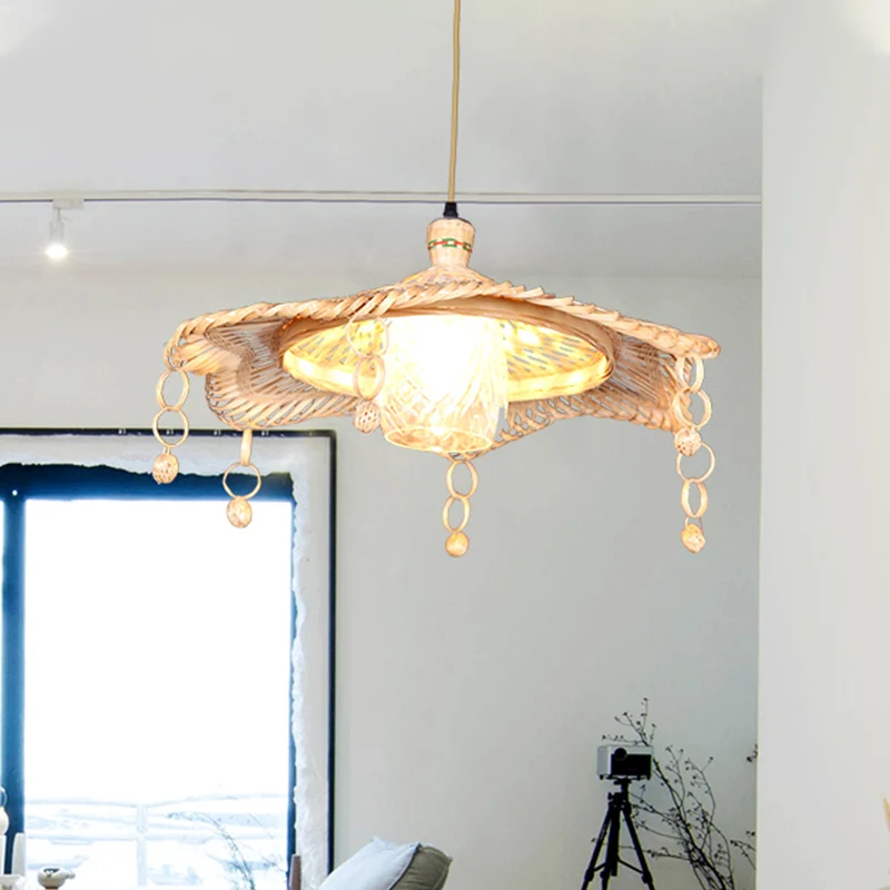 Chinese 1 Head Down Lighting kaki brede flare hanglamp met bamboe kap Clearhalo