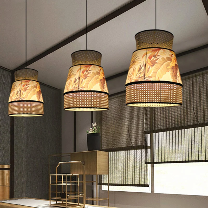 Chinese plafondlamp met 1 kop, beige uitlopende hangende hanglamp met rotan kap Clearhalo