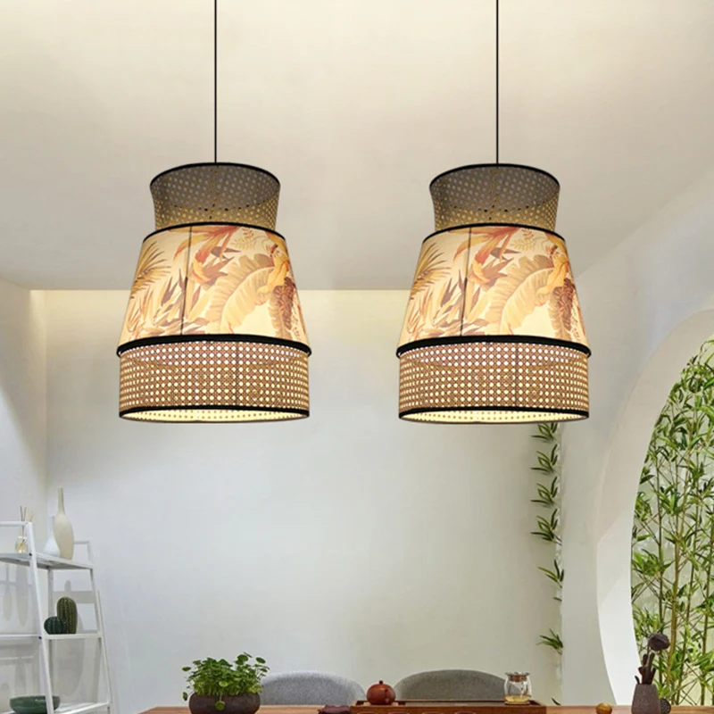 Chinese plafondlamp met 1 kop, beige uitlopende hangende hanglamp met rotan kap Clearhalo