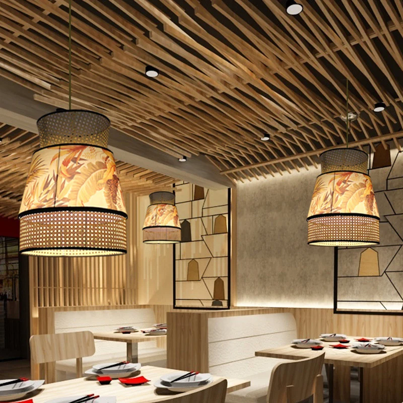 Chinese plafondlamp met 1 kop, beige uitlopende hangende hanglamp met rotan kap Clearhalo