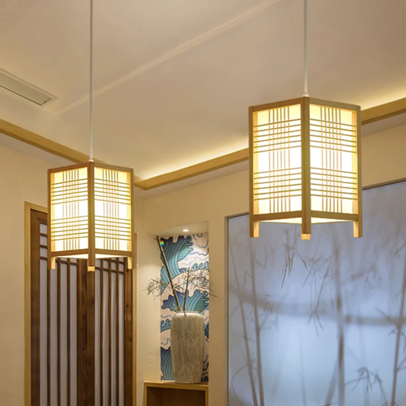 Chinese rechthoekige hanglamp hout 1 lamp hangende plafondlamp beige voor theesalon Clearhalo
